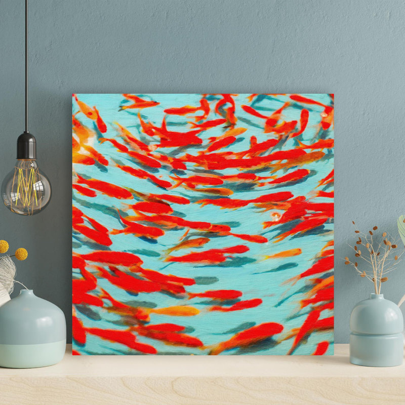 School of Orange Fish - peinture sur toile tendue, H 12 po x l 12 po