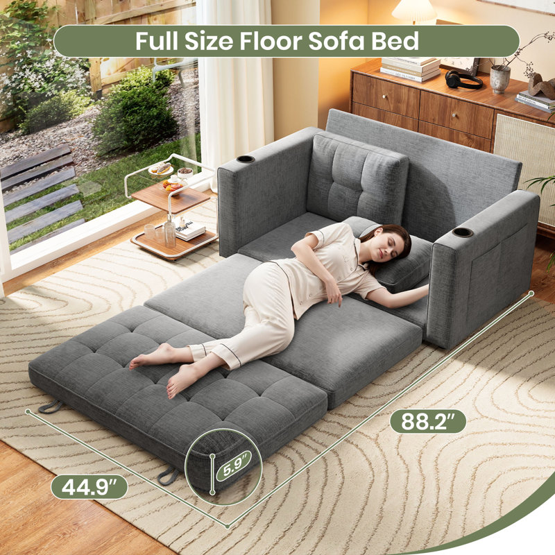 George 55" Upholstered Chenille Convertible Loveseat Sleeper Sofa with Cup Holder and Storage Pockets, Gray