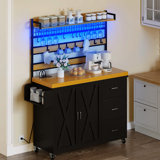 Farmhouse Bakers Rack with Power Outlet and LED Light, Microwave Stand Coffee Bar Cabinet on Wheels