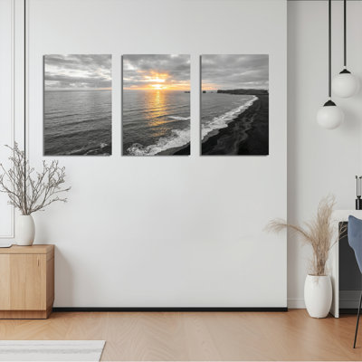 Coucher de soleil sur l'océan, ensemble de 3 reproductions d'art sur toile tendue sur toile en noir et blanc