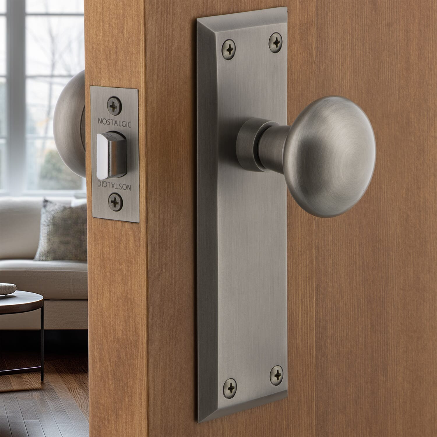 New York Door Knob with Plate, Antique Pewter, 2-3/8”