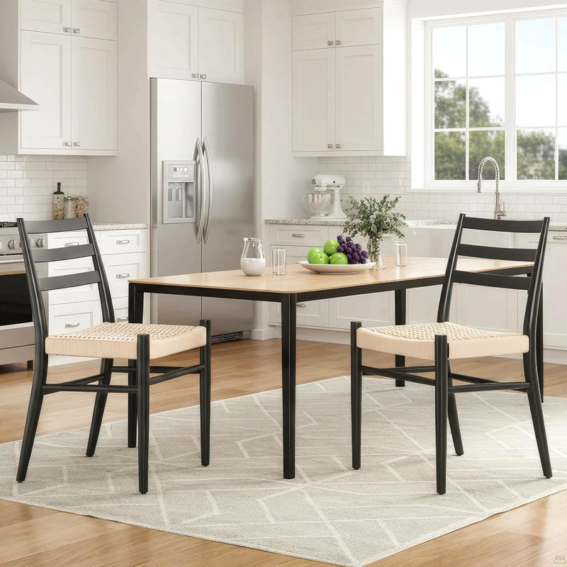 Ensemble de 2 chaises de salle à manger, assise en corde tissée avec structure en métal robuste, Beige/noir