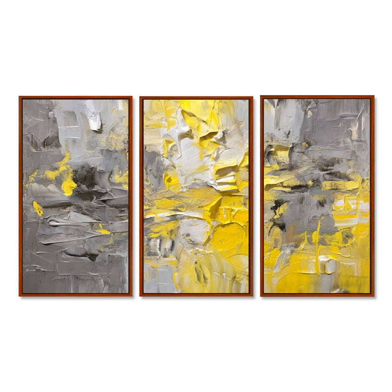 Intense réverbération jaune gris - ensemble d'art mural abstrait, Cadre flottant brun, H 32 po x l 48 po x P 1 po