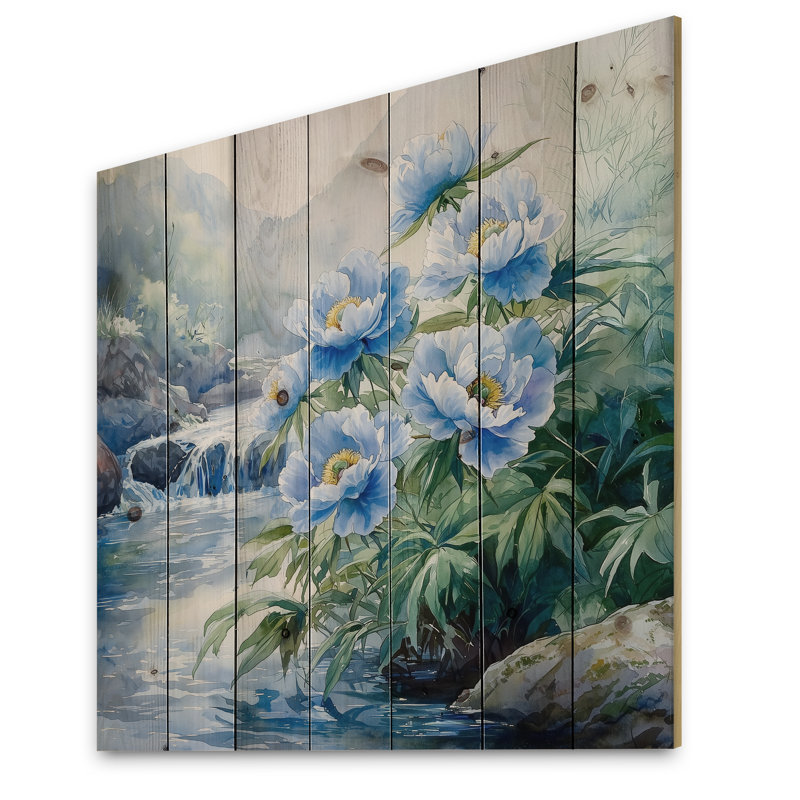Montagne pivoines au bord de la rivière III - Décoration murale en bois de pivoines - sur bois de pin naturel