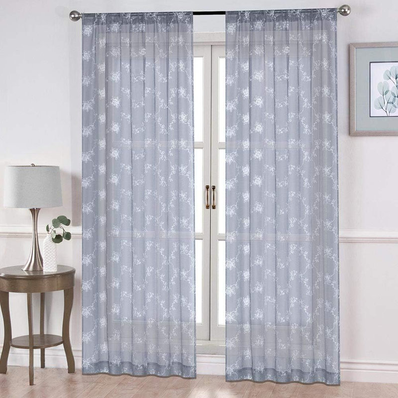 Claire Sheer Embroidered Rod Pocket Light Filtering Floral Curtains(Set of 2), 52"WX63"H (Set of 2), Grey