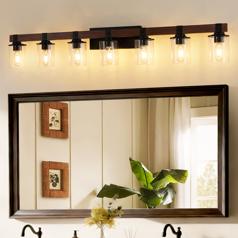 Modern Farmhouse Wood Vanity Light, Solid Wood & Black Metal Bathroom Vanity Lights With Clear Glass Shade, 7 Lights
