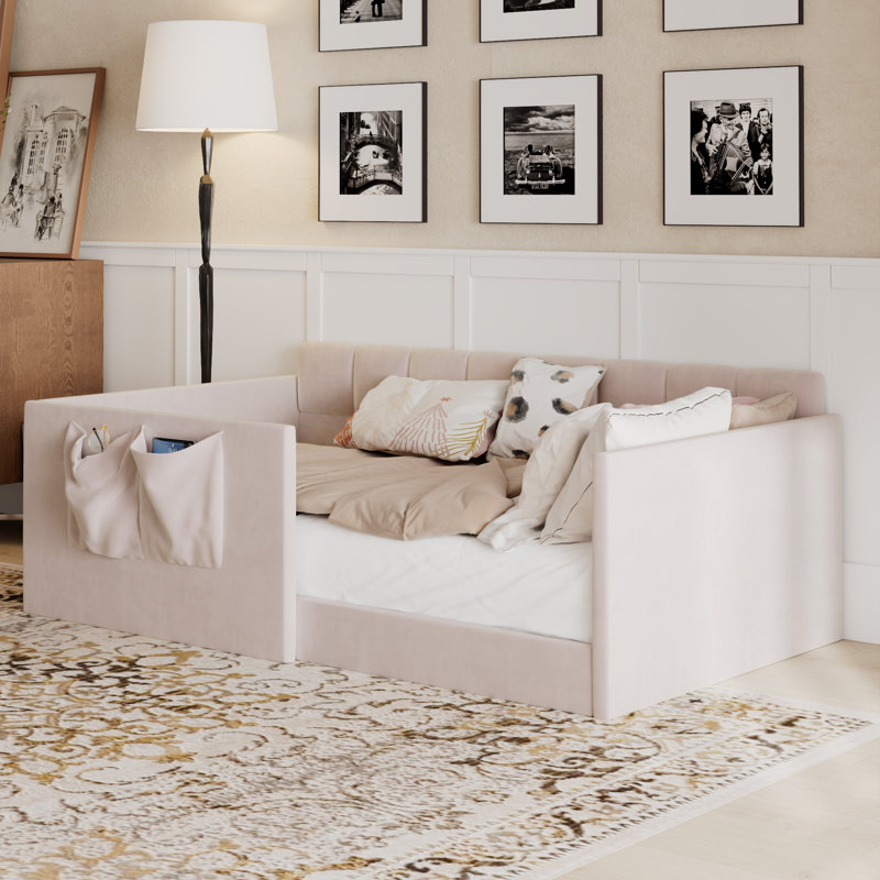 Wilder Velvet Upholstered Daybed with Side Entrance & Storage Pockets, Twin, Pink