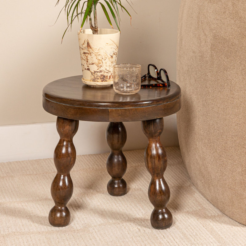 Round Mango Wood Accent Table With Dowel Tri-Pod Legs In Walnut
