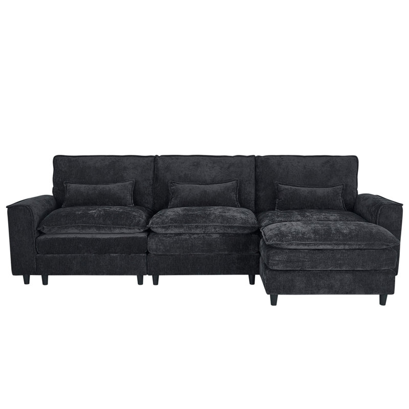 Convertible Sectional Sofa Couch, 4 Seat Sofa Set for Living Room L-Shaped Modular Sofa with Ottoman, Black Chenille