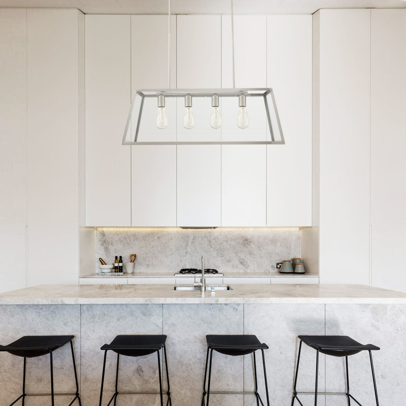 Luminaire suspendu linéaire à 4 lumières pour îlot de cuisine Asaru, Nickel satiné