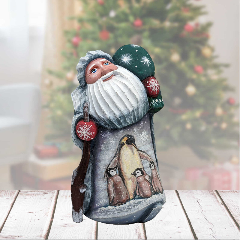 Figurine de chef-d'œuvre sculptée en bois Père Noël et les pingouins