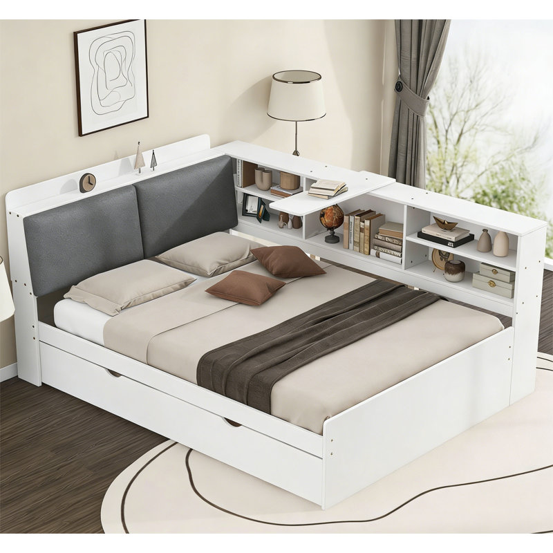  Solid Wood Platform Full Bed with Trundle and Storage Headboard, White