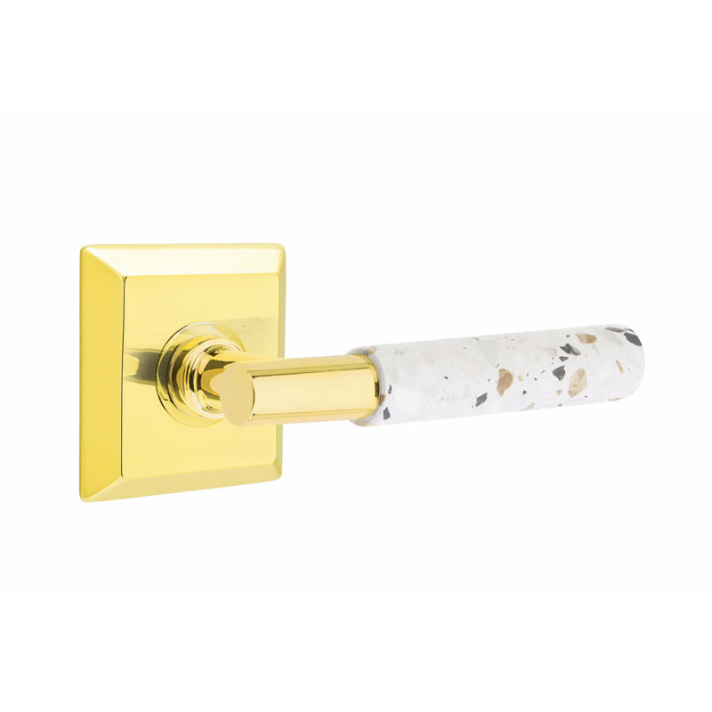 Emtek Select Privacy Leverset, Quincy Rosette, T-Bar Stem, Light Terrazzo Handle, LH, Left, Unlacquered Brass/Light Terrazzo