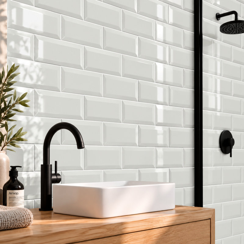  10cm x 20cm Bevelled Ceramic Subway Tile, White