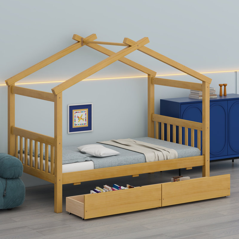 Lit en bois avec tiroirs, Natural