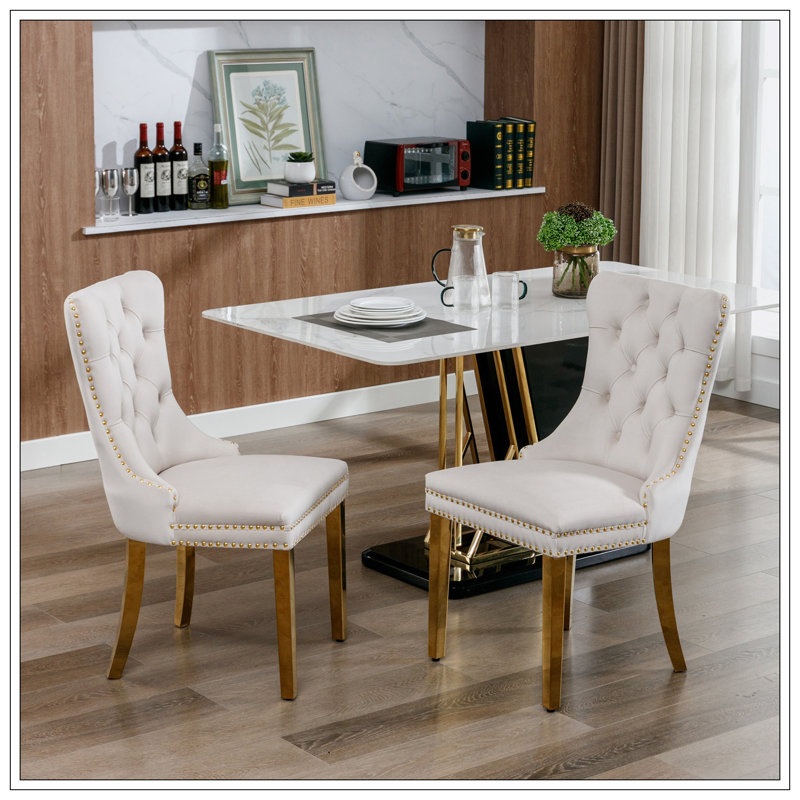 Chaise de salle à manger rembourrée en velours moderne avec anneau à tirer (ensemble de 2), Beige, Doré