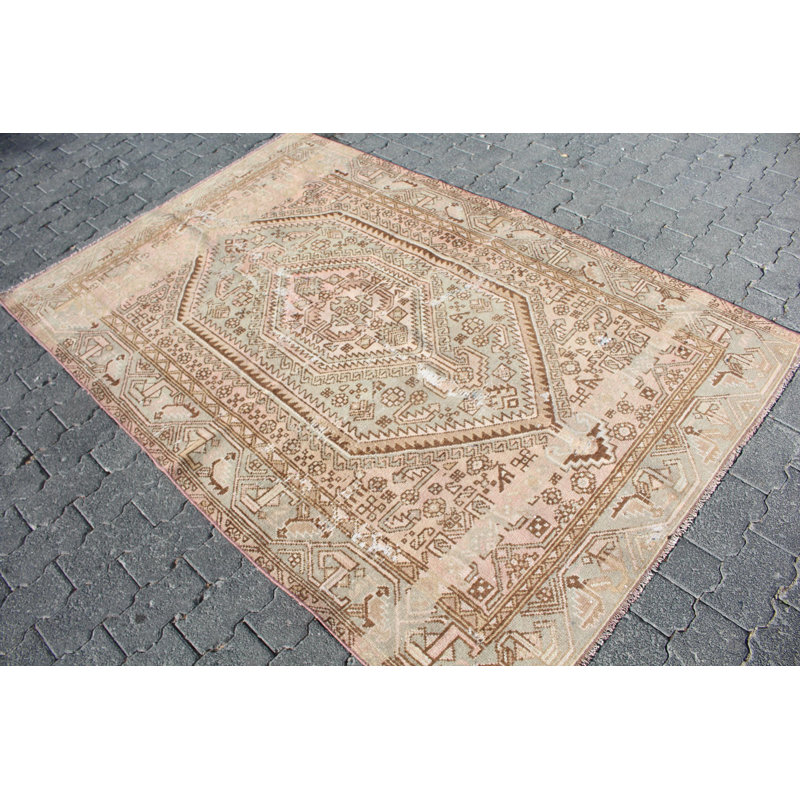 Tapis antique turc Oushak brun vieilli - Tapis rétro en laine Anatolian pour salle à manger