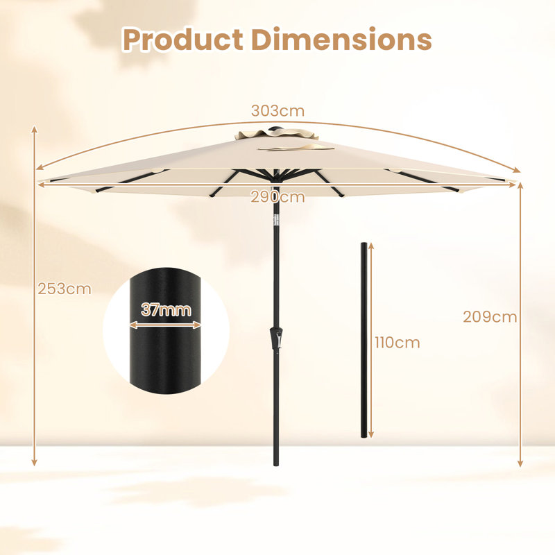 290 CM Patio Umbrella Outdoor Market Umbrella W/ Crank, Beige