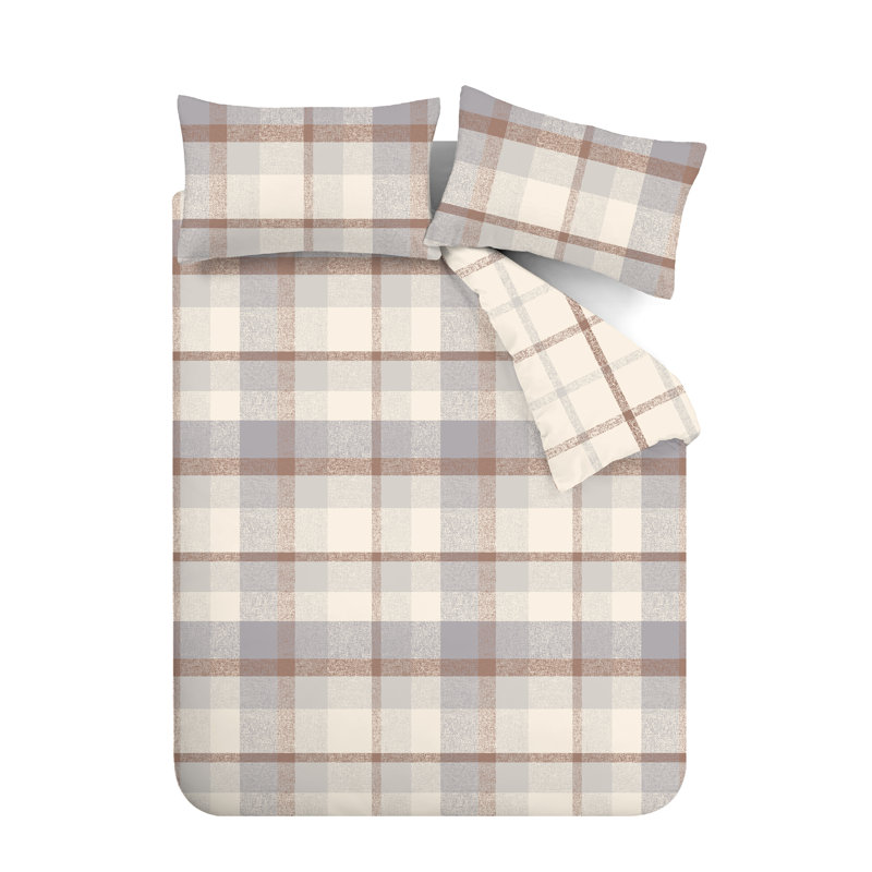 Brushed Cotton Melrose Tweed Check Reversible Duvet Cover Set, Plum, Kingsize Duvet Cover + 2 Standard Pillowcases