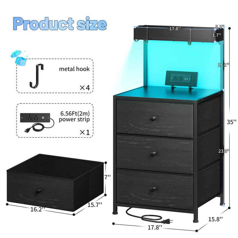 Tall Nightstand With Charging Station And Led Lights Nightstand With 3 Drawers And Shelves Bedside Table With Usb Ports And Outlets（set of 2）