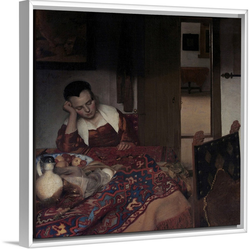 Imprimé « A Maid dormant » par Johannes Vermeer, H 32 po x l 32 po x 1,75 po, Cadre blanc