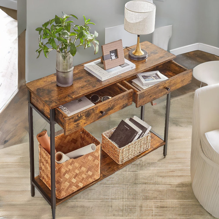 100Cm 2 Tier Rustic Console Table with 2 Drawers and Storage Shelf Entryway Living Room