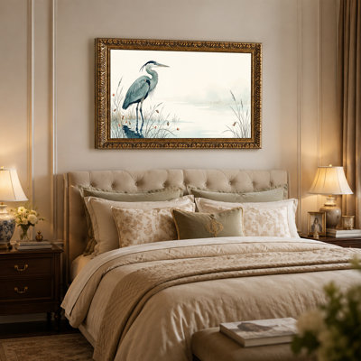 Great Blue Heron in Marsh Watercolor Canvas Wall Art