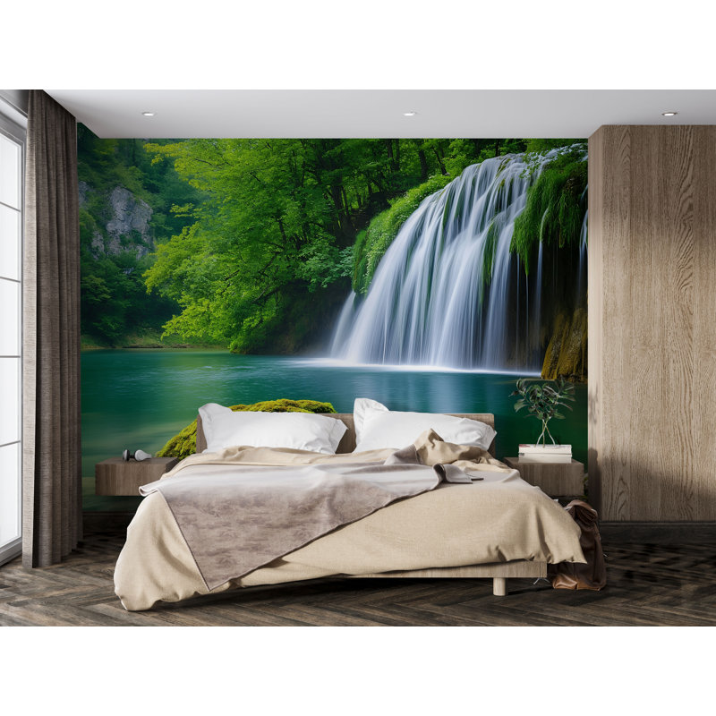 Murale forêt cascade - décor de chambre à coucher nature - papier peint cascade pittoresque - murale paysage tranquille