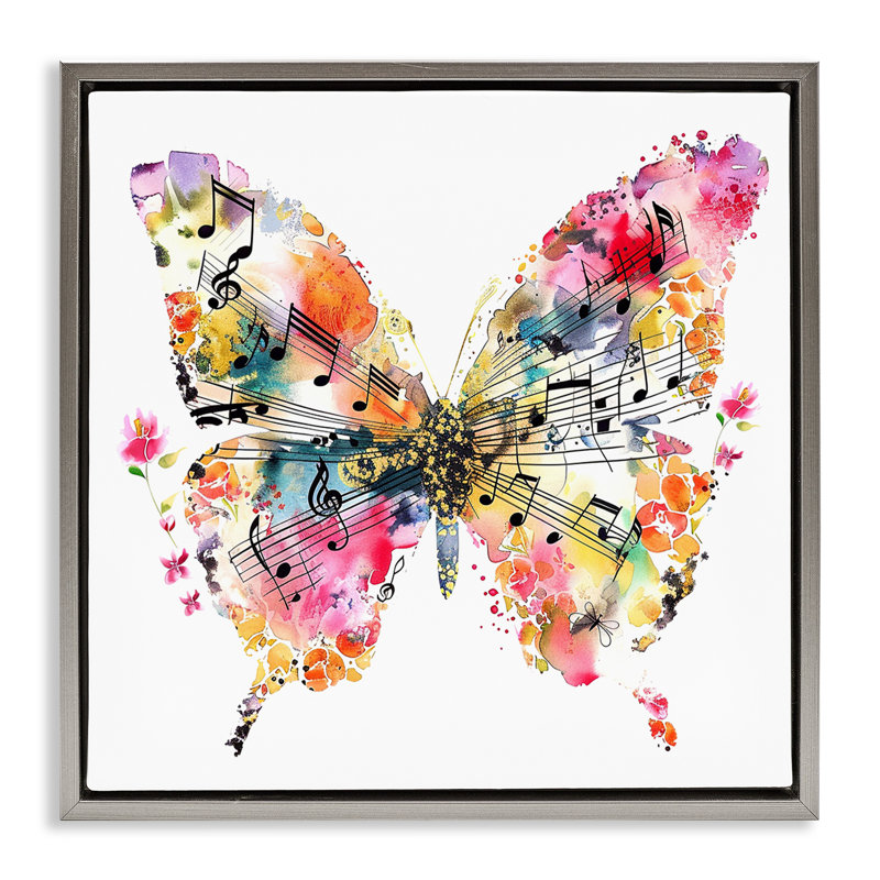  "Butterfly & Music Notes", art mural encadré flottant par LSR Design Studio, H 25 po x l 25 po, Cadre flottant gris lustré