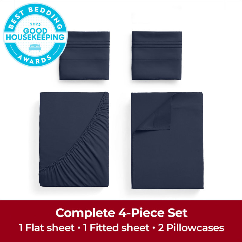 Ensemble de draps Mellanni 1800, Ensemble de draps pour grand lit avec 2 taies d'or, Bleu royal