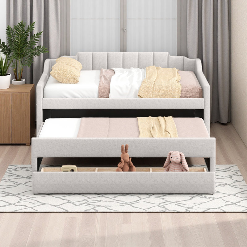 Lit de jour simple tapissier avec lit gigogne et trois tiroirs, Beige
