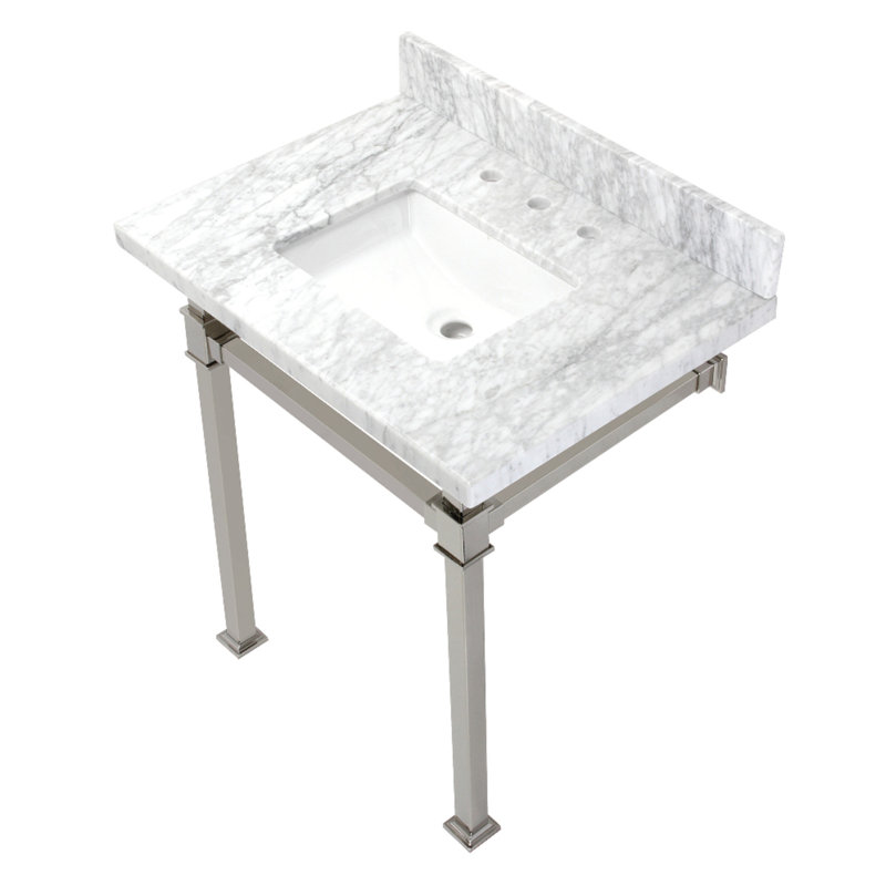 Lavabo console en marbre Carrara 30 pouces avec pieds en acier inoxydable Kingston Monarch Kingston (8 pouces, 3 trous)