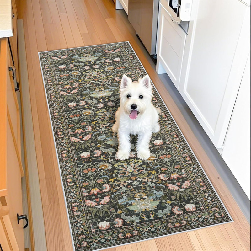 Washable Hallway Rug: Vintage Kitchen Rugs with Non-Slip Backing Low Pile Water Resistant Carpet for Living Room Bedroom Soft Floor Mat for Bathroom Laudry Dining Room