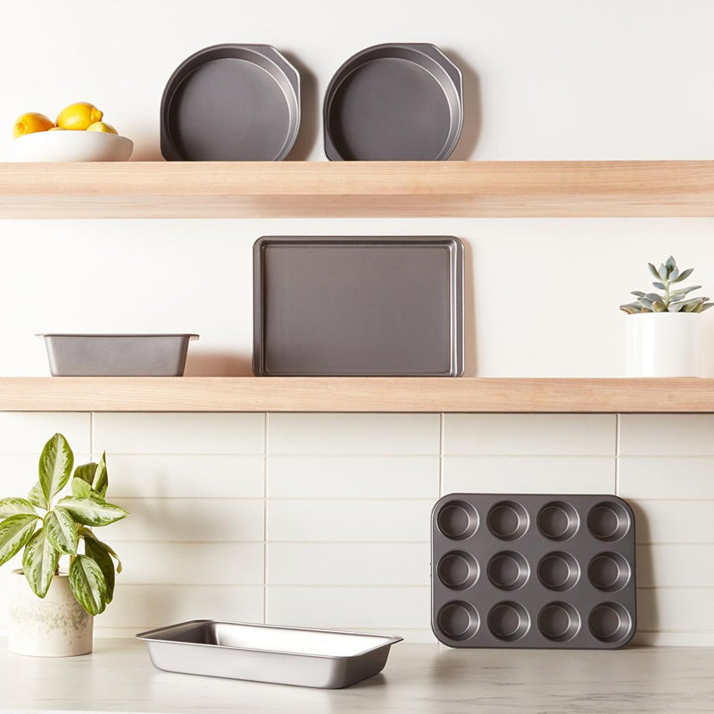 6 Piece Nonstick Carbon Steel Bakeware Set With Cake, Muffin, Cookie, And Loaf Pans, Easy Release, Oven Safe