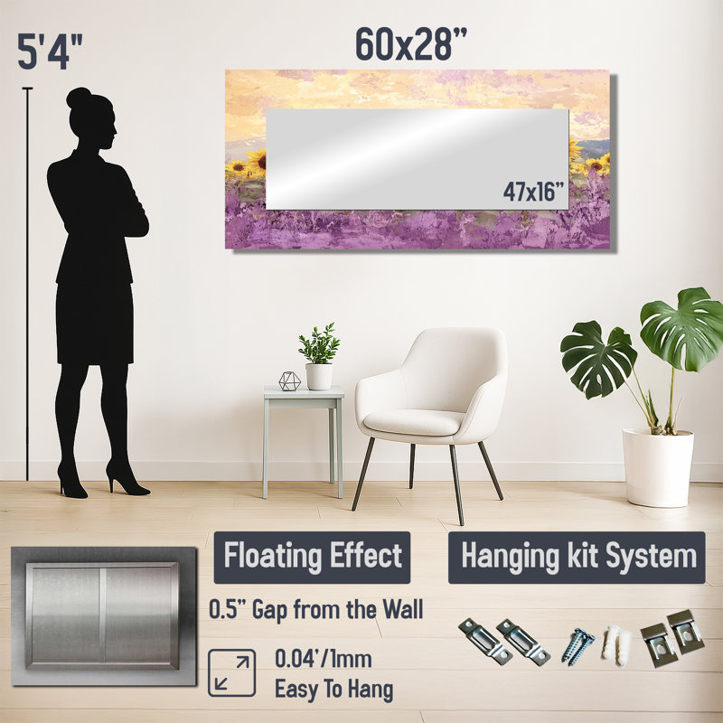 Lavender Sunflower Field I - Sunflowers Large Mirror Wall Art - Printed On Metal, 28" x 60"