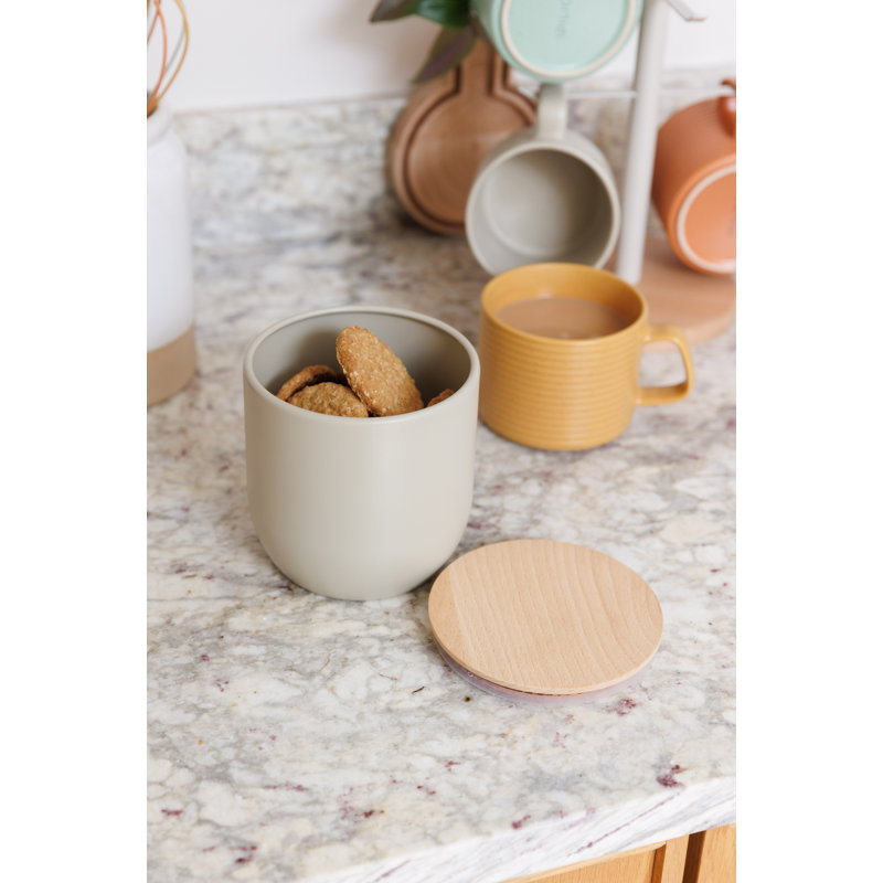 KitchenCraft Idilica Kitchen Canister with Beechwood Lid, 12 x 12cm, Putty, Grey, 12.30 H x 12 W x 12 D cm