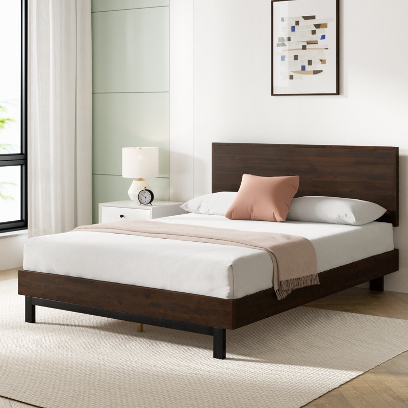 Base de lit plateforme en bois massif avec tête de lit réglable Lirim, Double, Brun foncé