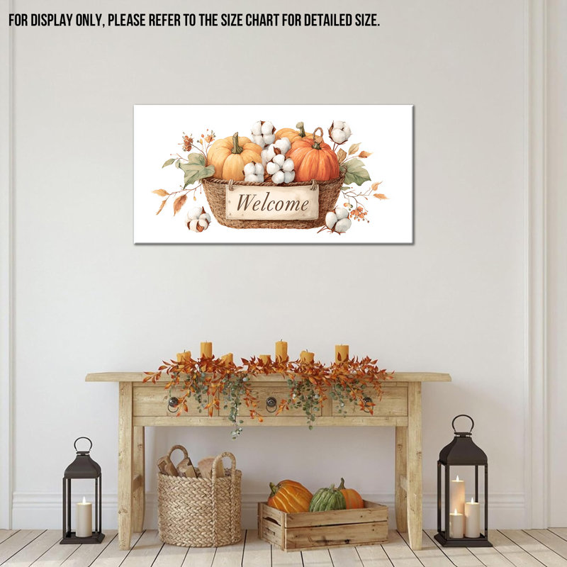 «Fall Welcome», art mural automne, citrouille et coton, décoration murale, impressions sur toile de campagne de l'Action de grâce pour le salon, impression sur toile tendue, 16 po x 32 po