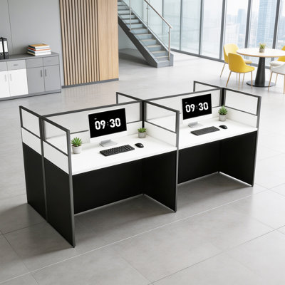 4 Person Cubicle Desk with Frosted Acrylic Privacy Partition, Office Desk Staff Desk Workstation, White