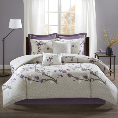 Grand édredon mauve / taupe 8 pièces - coton, imprimé floral, lavable à la machine Taille de la literie mauve / taupe, 2 taies décoratives assorties