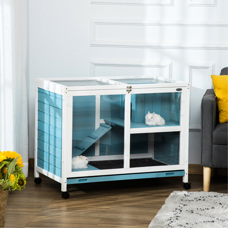 Enclos de lapin bleu compact - avec roues et revêtement en bois imperméable, bureau et table d'appoint de taille imperméable, cage pour 1 ou 2 lapins nains