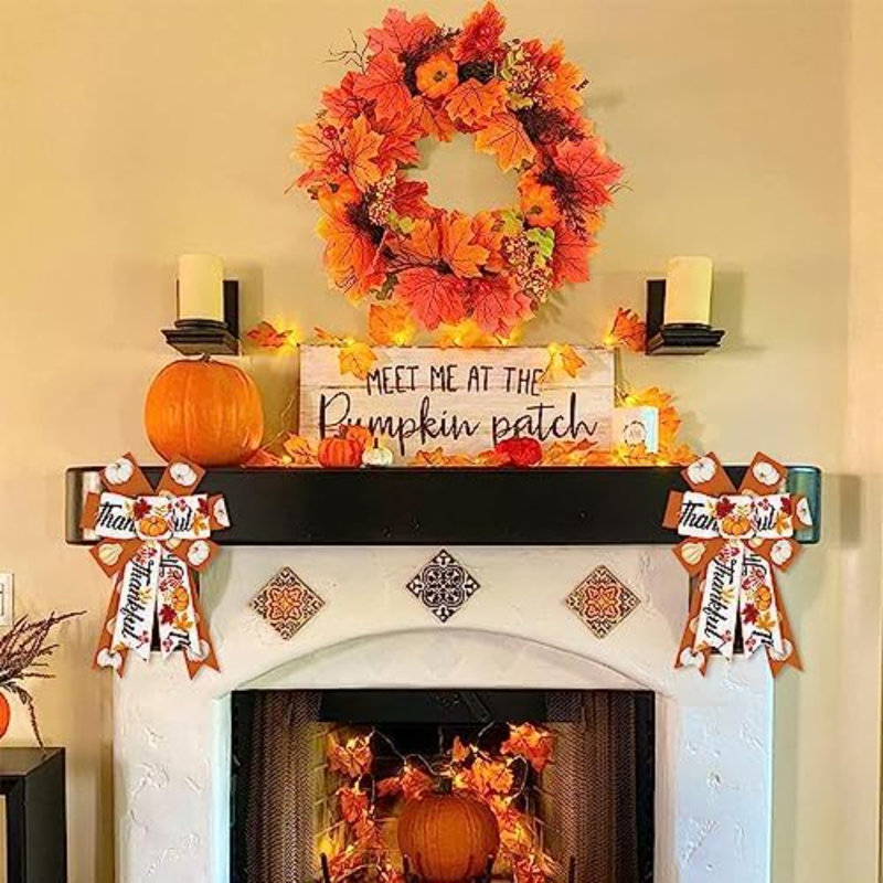 2 Pieces Fall Bows for Wreath, Thanksgiving Wreath Bows Orange White Burlap Bow Autumn Harvest Pumpkins Craft Bow Holiday Farmhouse Bows for Front Door Wall Happy Fall Thanksgiving Decorations