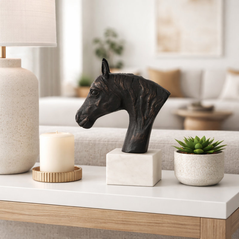 Decorative Horse Head Metal Sculpture for Home Decor - Classic Animal Figurine Accent for Livin Room Statue Decoration - 9", Black & White