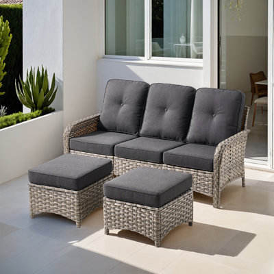 Emroy 3 - Person Wicker Rattan Outdoor Seating Group with Cushions and Ottomans, All Weather High Back Conversation Set for Garden Backyard