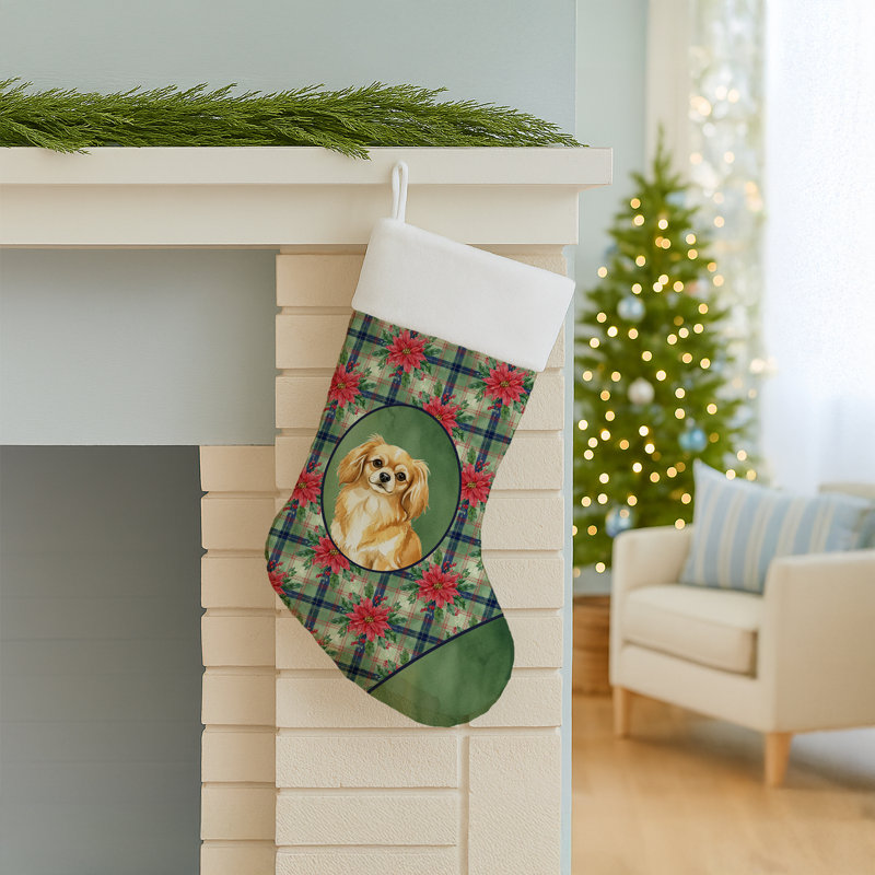 Chaussette de Noël dorée épagneul tibétain