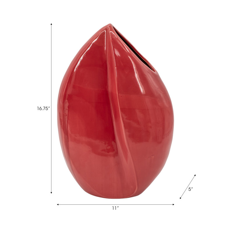 Modern Ceramic Table Vase For Home Decor - Decorative Sculptural Flower Vase for Office and Entryway Styling - Red