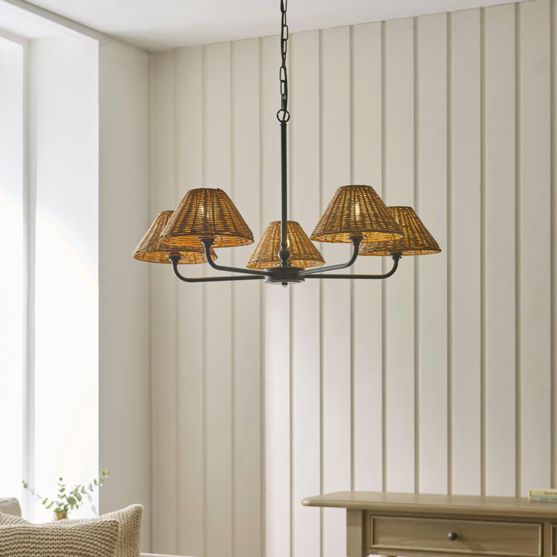 5 - Light Cluster Chandelier, Matt Black & Dark Rattan