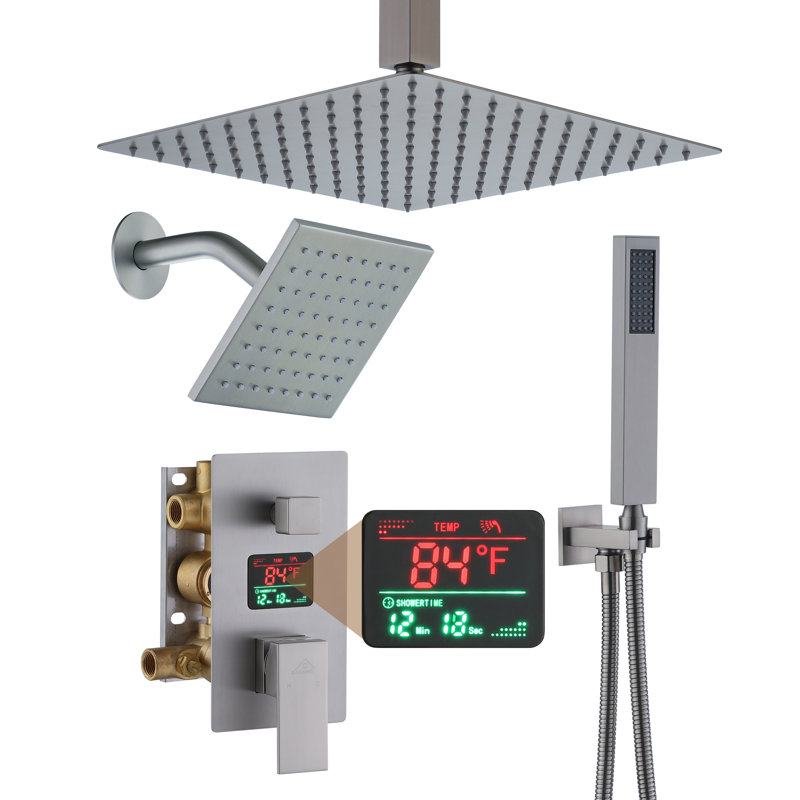 Brushed Nickel Rainfall Dual Shower Head System with Digital Display