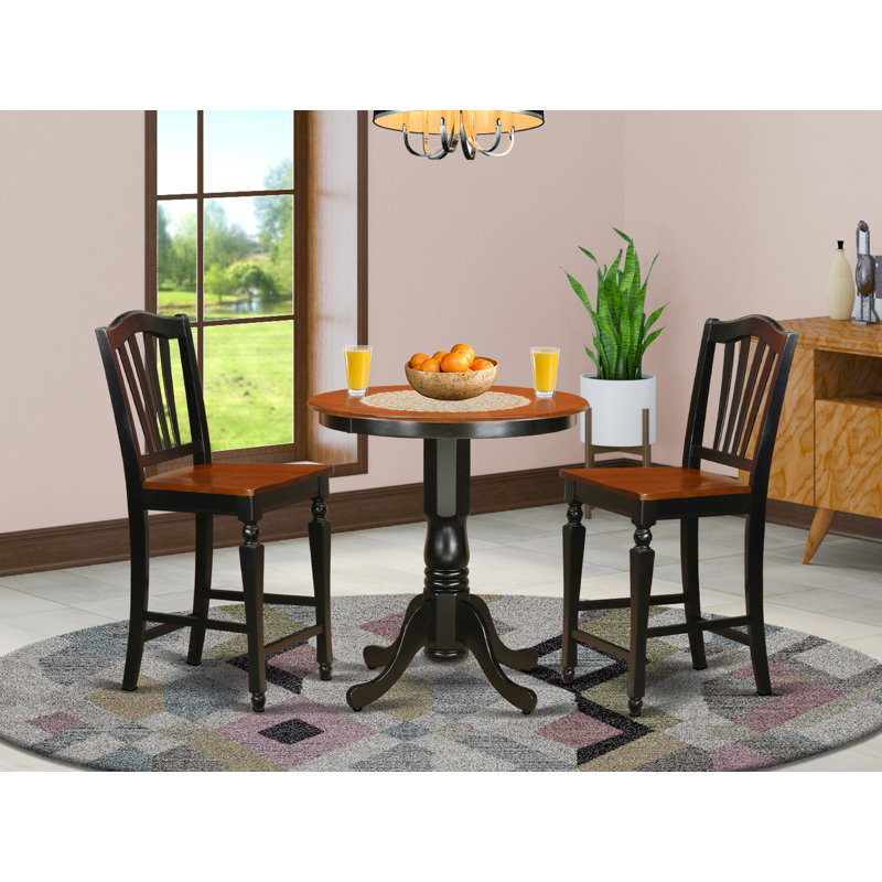 Ensemble de table de salle à manger à hauteur de comptoir 3 pièces comprenant une table de pub ronde avec piédestal et 2 chaises de salle à manger, noir et cerise