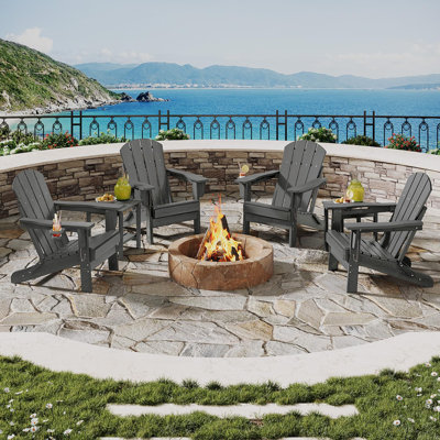 Folding Adirondack Chair, HDPE Outdoor Patio Chair with Cup Holder, Weather Resistant Wood Texture